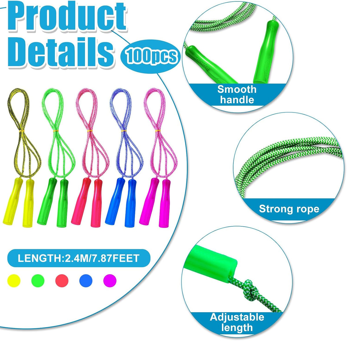 Honoson 100 pack of multicolor kids jump ropes with plastic handles - view 9