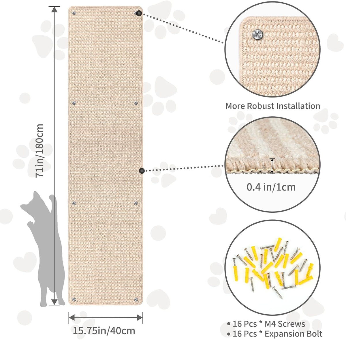 FHTONGE 71x15.8" Thickened Cat Wall Climbing Carpet with 16 Fixed - Oatmeal Color / 71x15.8"(180x40cm) - image 2