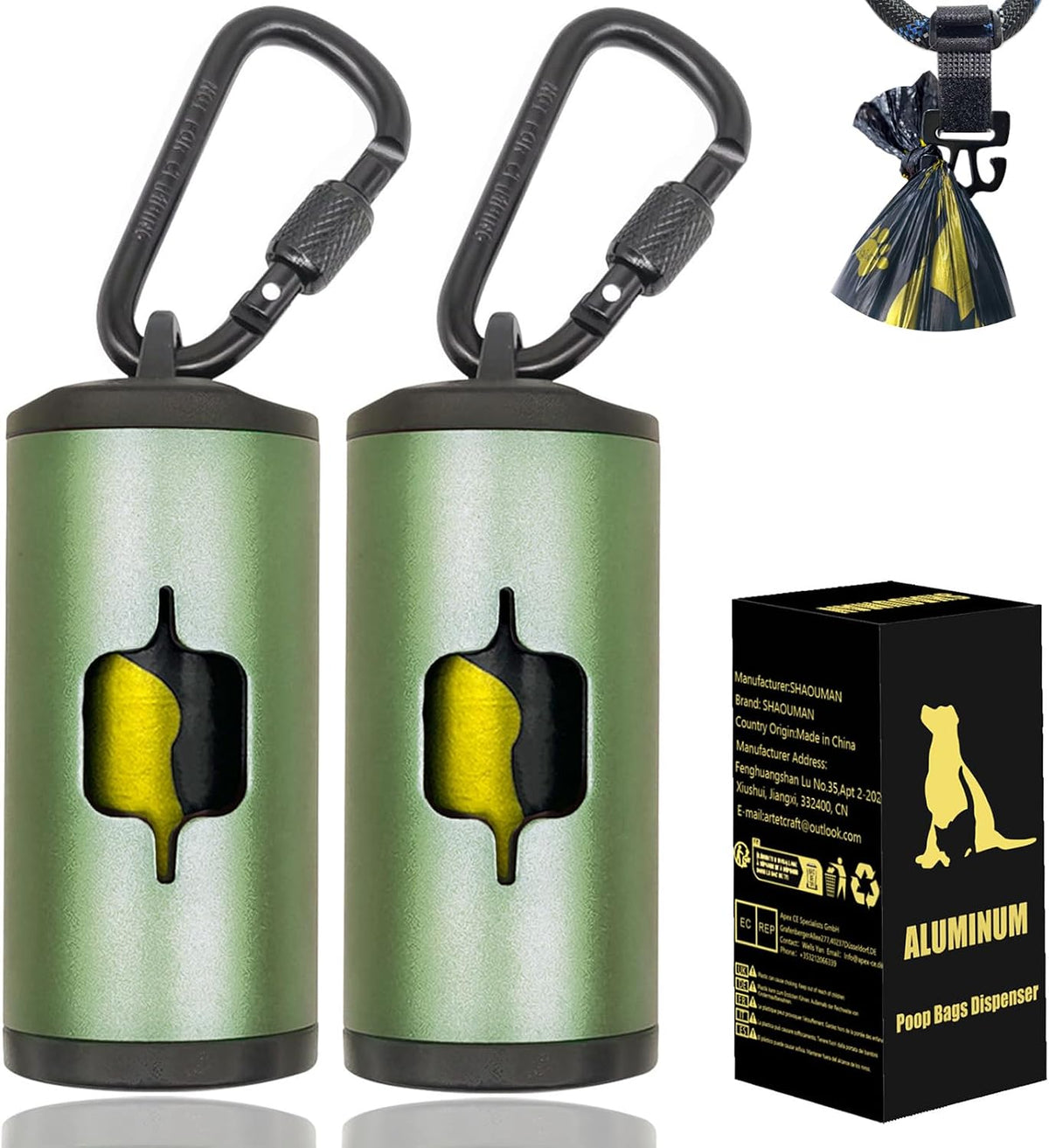 Metal Dog Poop Bag Holder 2-Pack w/Leash Clip - Green / 2 Count (Pack of 1)