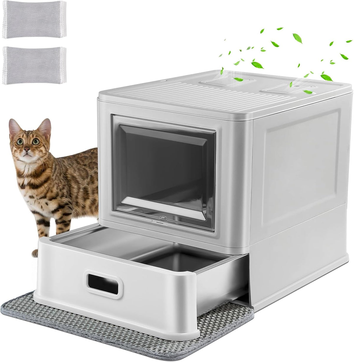 Marchul Enclosed Stainless Steel Cat Litter Box with Lid & Drawer - Enclosed Side Entry