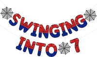 TaoBary Spider Theme 4th Birthday Banner Swinging into 4 - Red and Blue / 7th