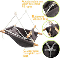 Tislly indoor outdoor baby swing in grey cotton with beech wood frame and 5-point belt - view 6