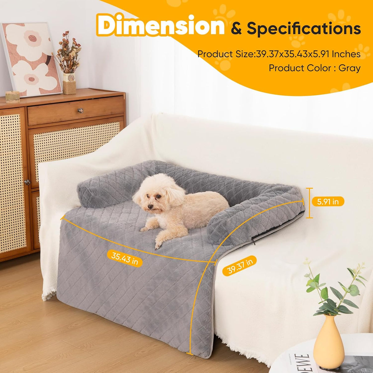 PAWBOSE Dog Couch Bed, Plush Sofa Mat, Washable Cover - grey - image 4