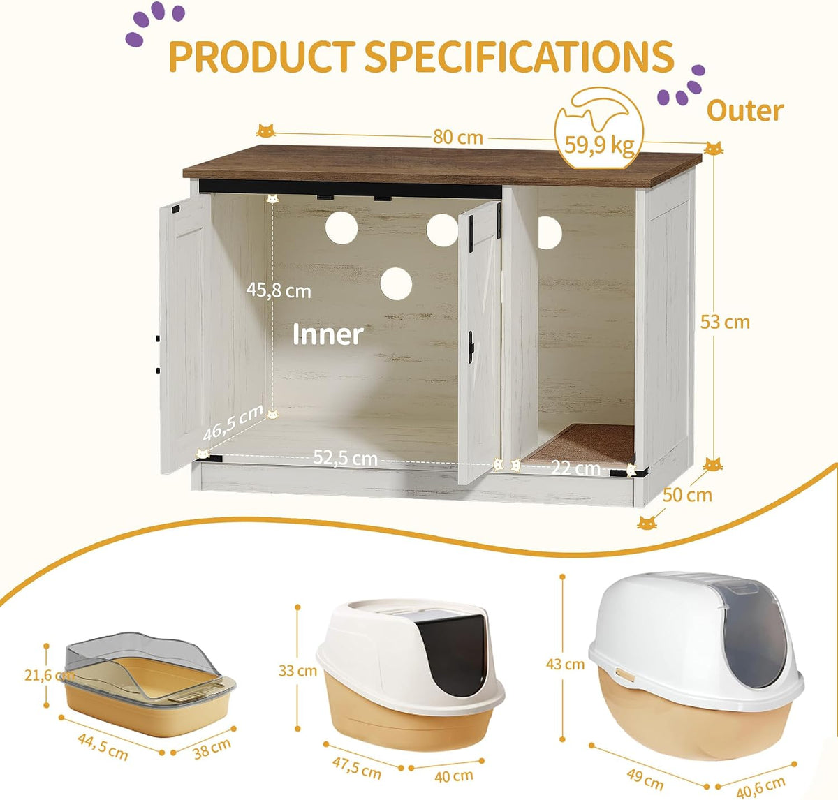 Hzuaneri Cat Litter Box Enclosure - 31.5"L x 19.7"W x 20.9"H / Rustic Brown and White - image 2
