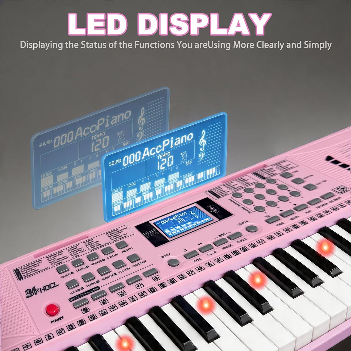 24HOCL pink electronic keyboard piano for kids with 61 lighted keys, LCD screen and microphone - view 6