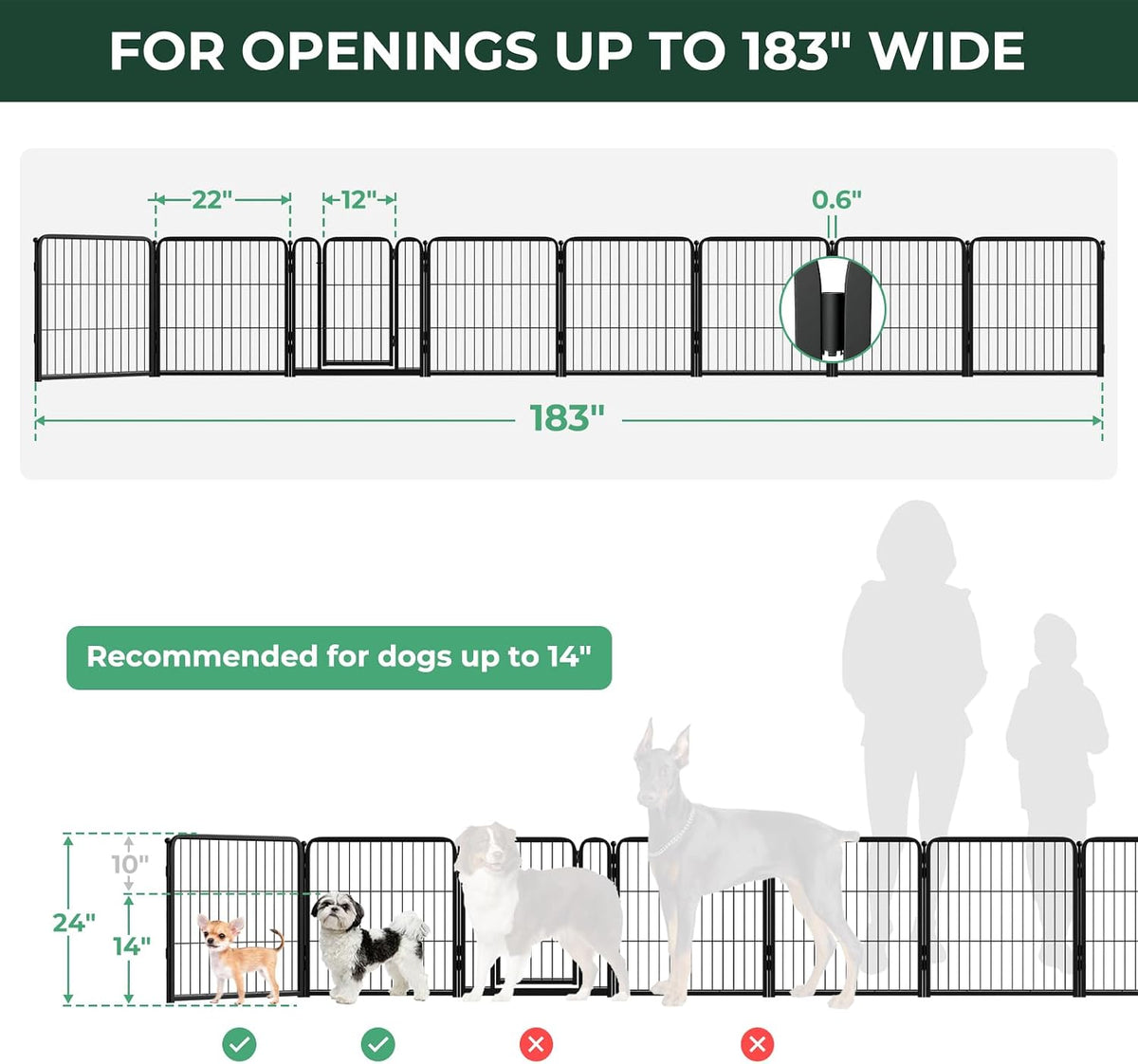 FXW Dog Gate, Extra Wide Adjustable for Openings Up to 219" - Black / Up to 183" W【7 Panels + 1 Door】 / 24"H - image 3