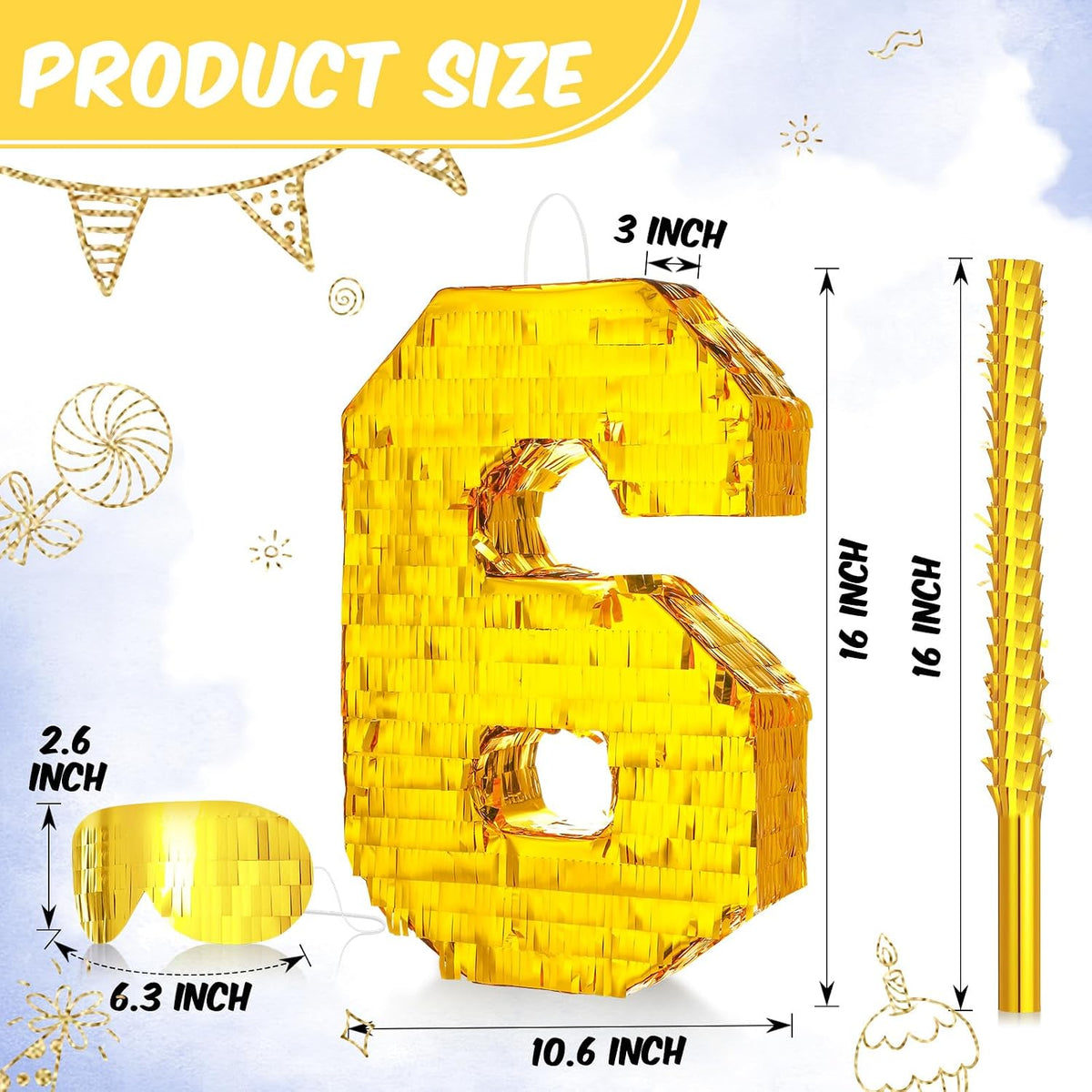 Sratte gold foil number piñata set with gold blindfold, piñata stick and bag of confetti - view 15