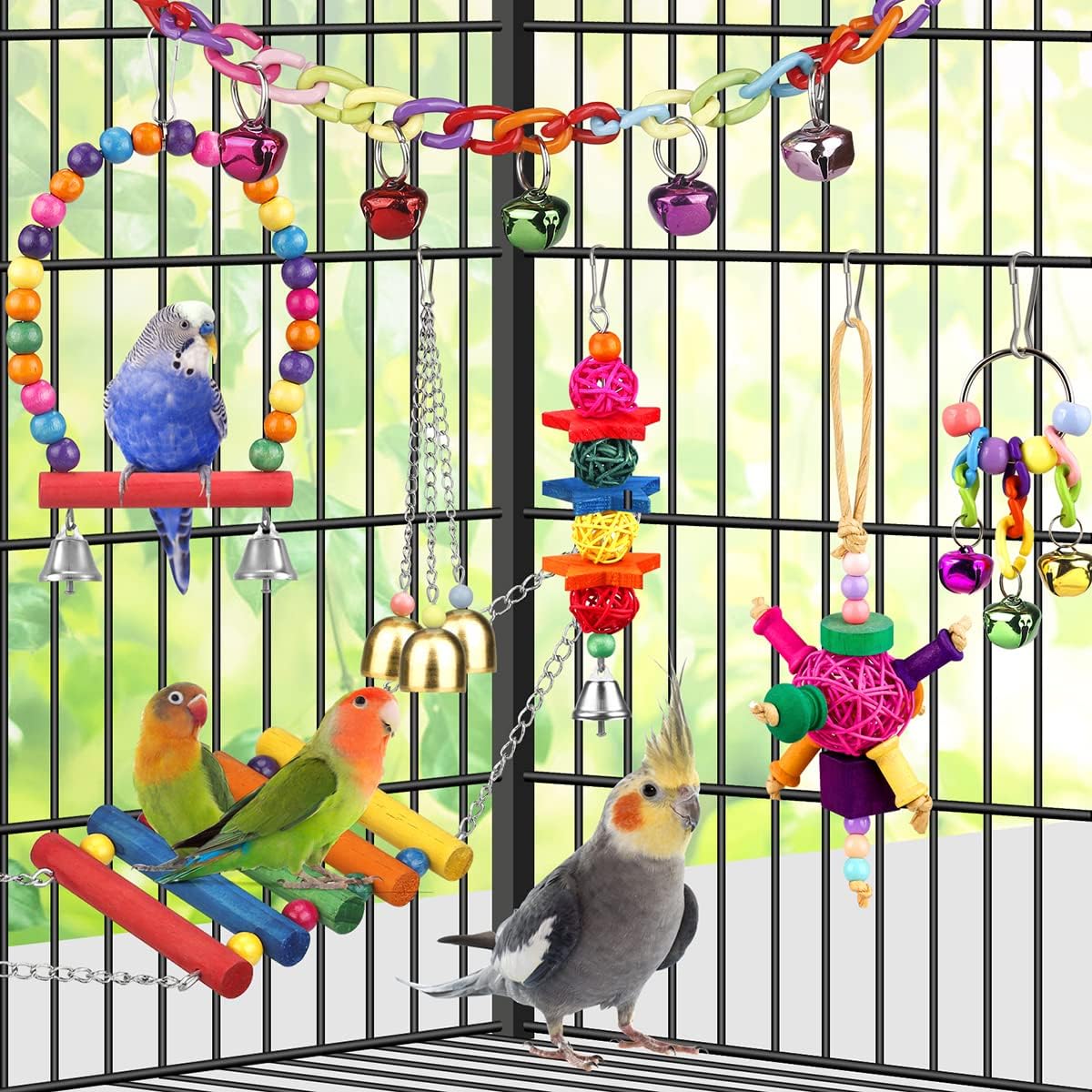 Bird Toys for Conures with Colorful Ladder Hammock Bird Cage - image 4