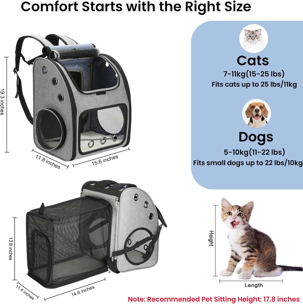 Expandable Cat Backpack Carrier for Small Cats/Dogs Airline Approved – Essentials for Dogs - Grey-XL - image 2