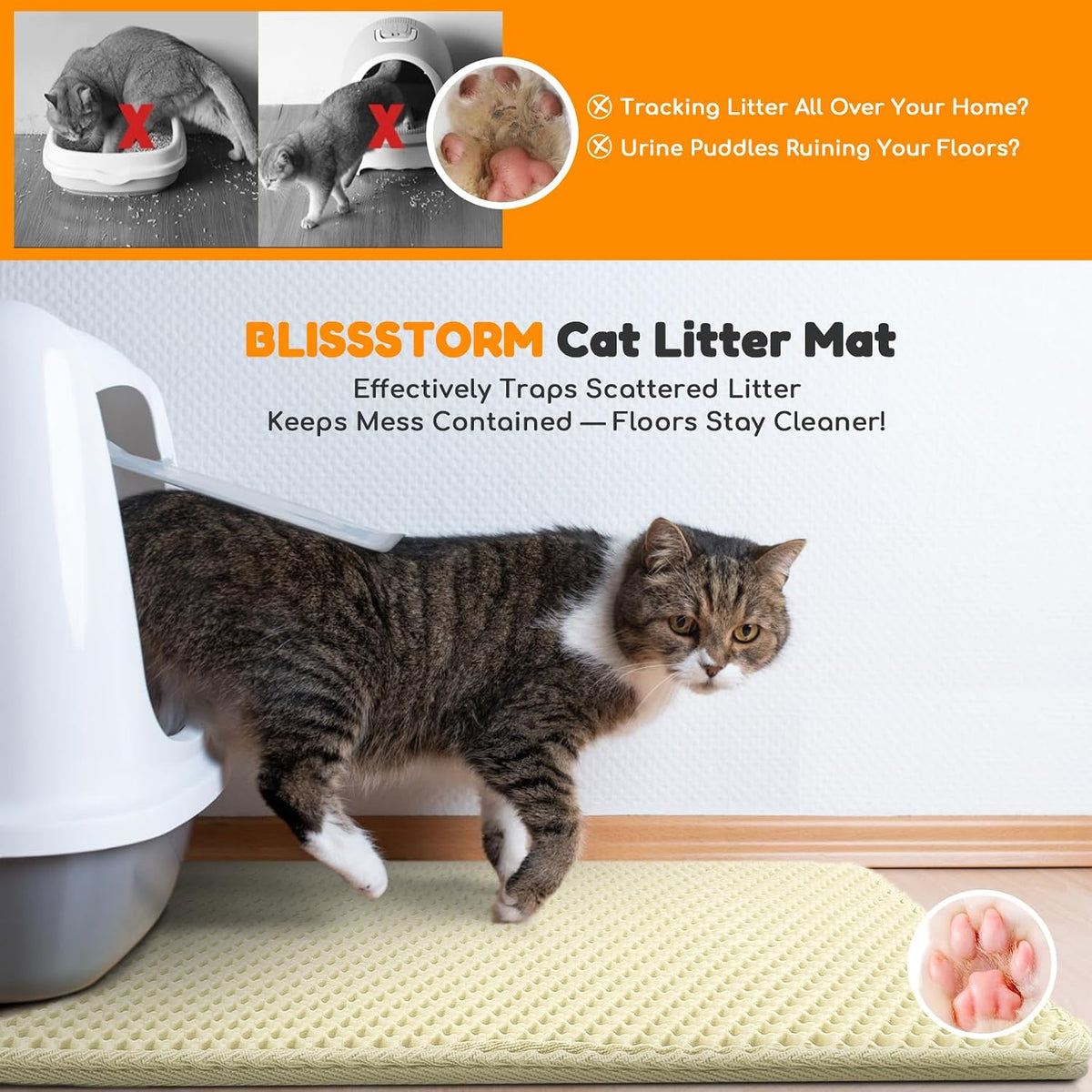 Cat Litter Mat 24"x16", Double Layer EVA litterbox Mat Beige - Cream / Honeycomb-47 x 27 Inches - image 3