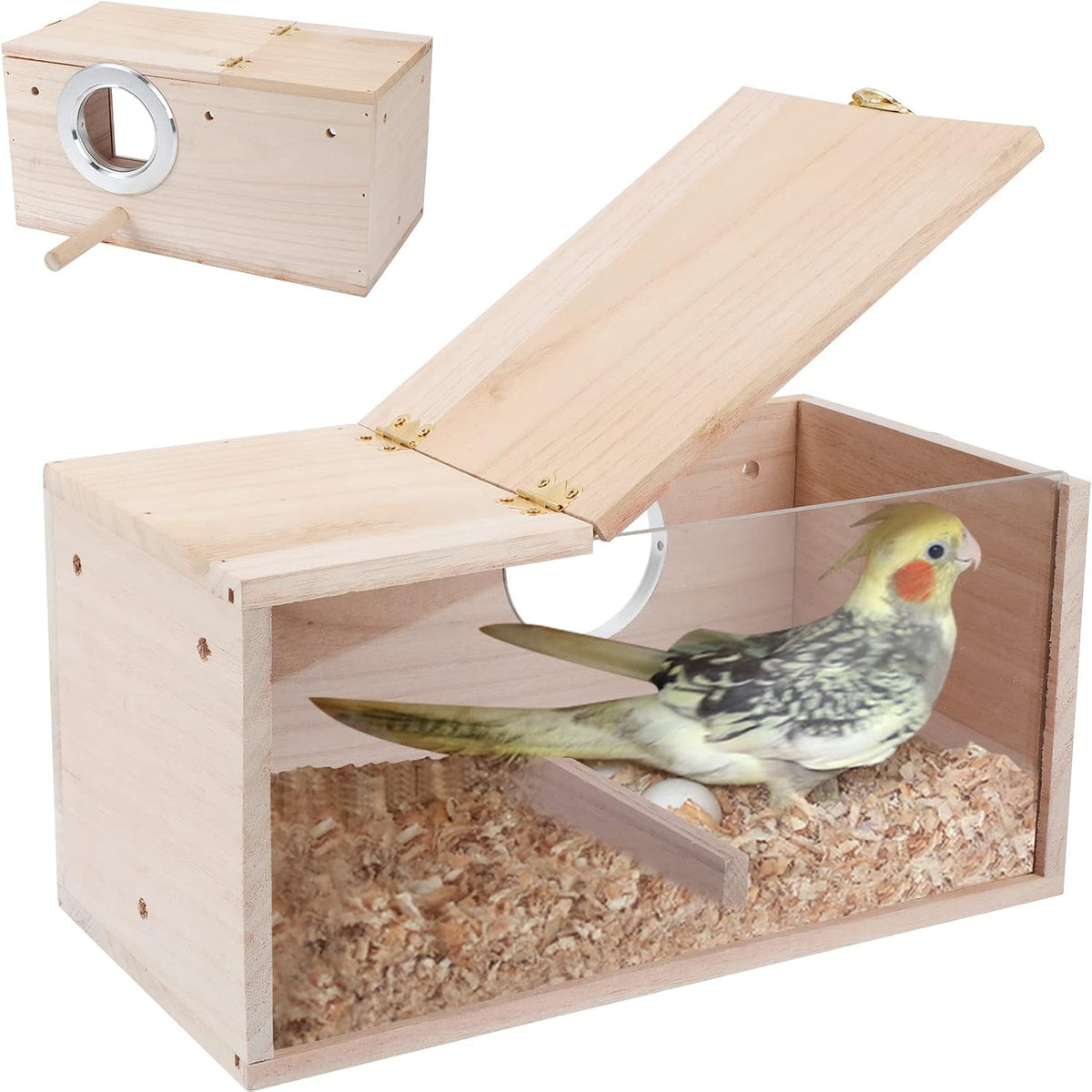 Parakeet Nesting Box, Wooden Parrot Nest Breeding Box with Perch - Horizontal Breeding Box / L