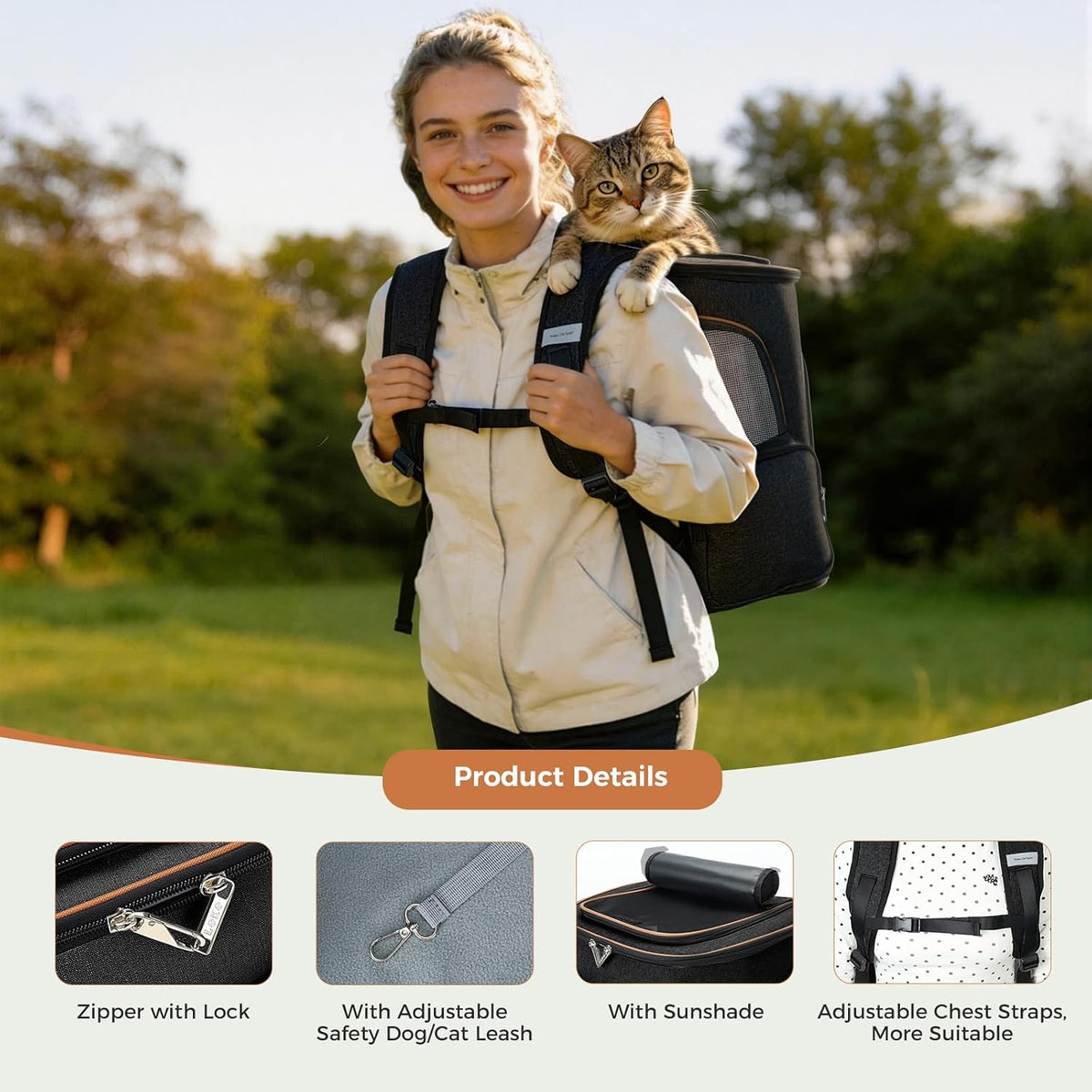 Lekereise Cat Backpack Expandable Pet Carrier Backpack for Small Cats - Black / XL-Mesh Window - image 3