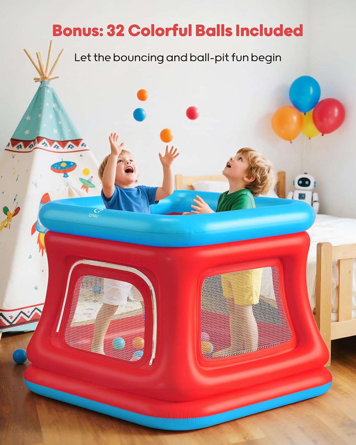 QPAU 3-in-1 Inflatable Bounce House with Pump for Toddlers 1-3 – Fun for Kids & Family - Blue & Red - image 3