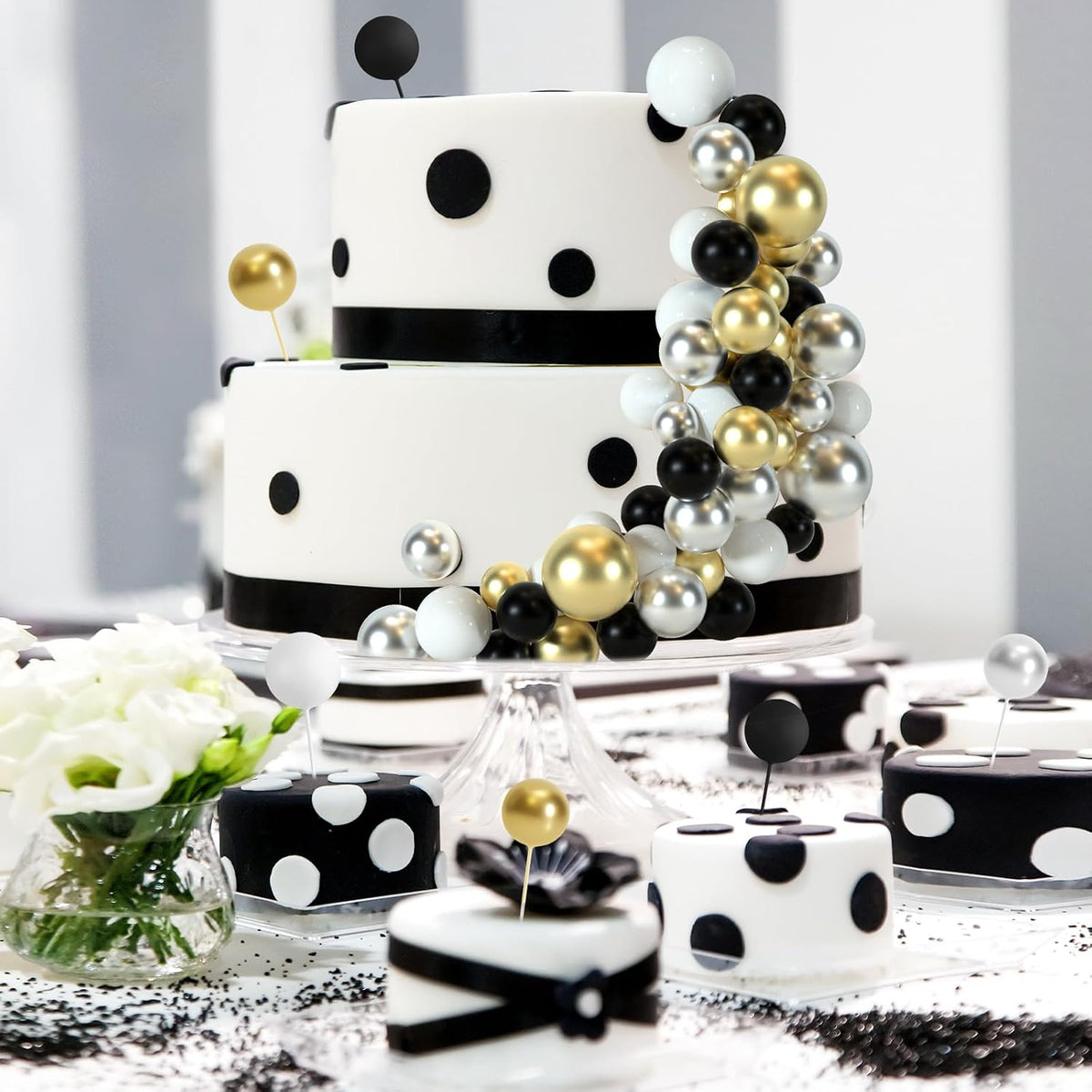 48 Pcs Balls Cake Topper Decorations Balloon Cupcake Toppers Foam - A01-black, Silver, White, Gold - image 3