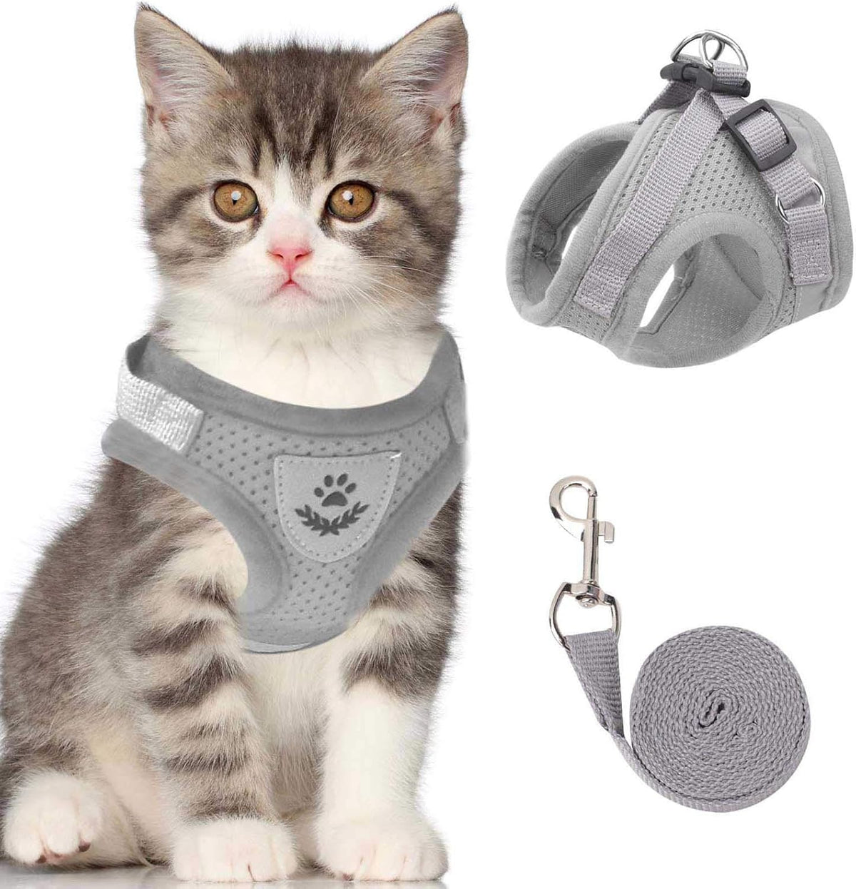 Cat Vest Harness and Leash Set - Gray / Small (Chest: 11"-13")