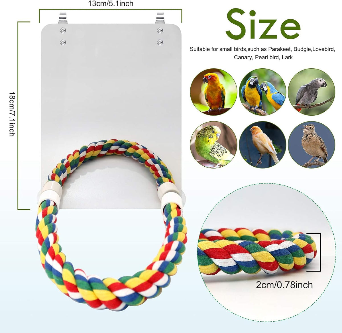 7 inch stainless steel bird mirror with colorful rope perch for cages
