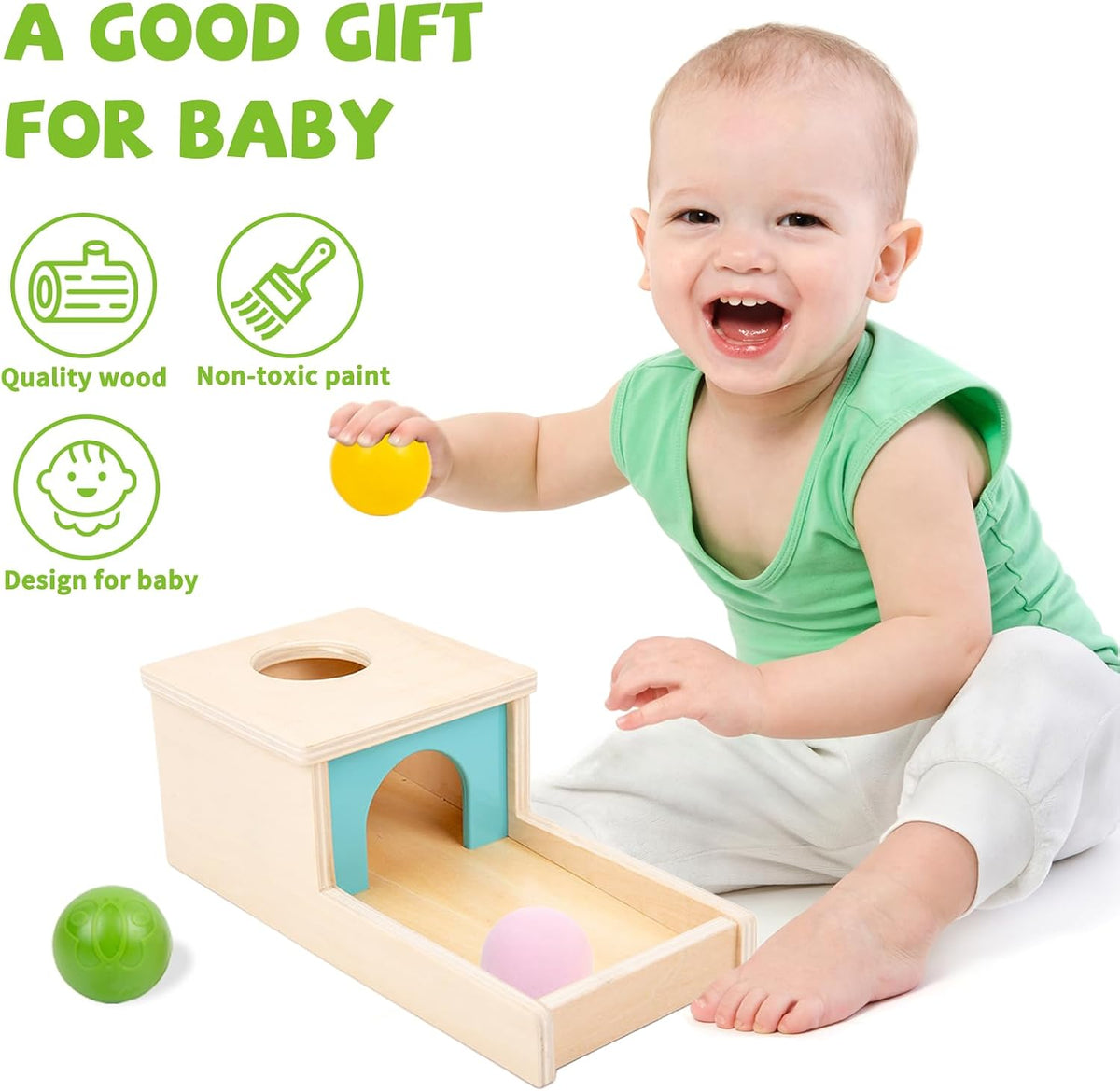 Adena Montessori Object Permanence Box with Tray Three Balls - Blue Door - image 2