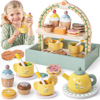 Toyssa wooden tea party set with cupcake stand, teapot, cups and play desserts