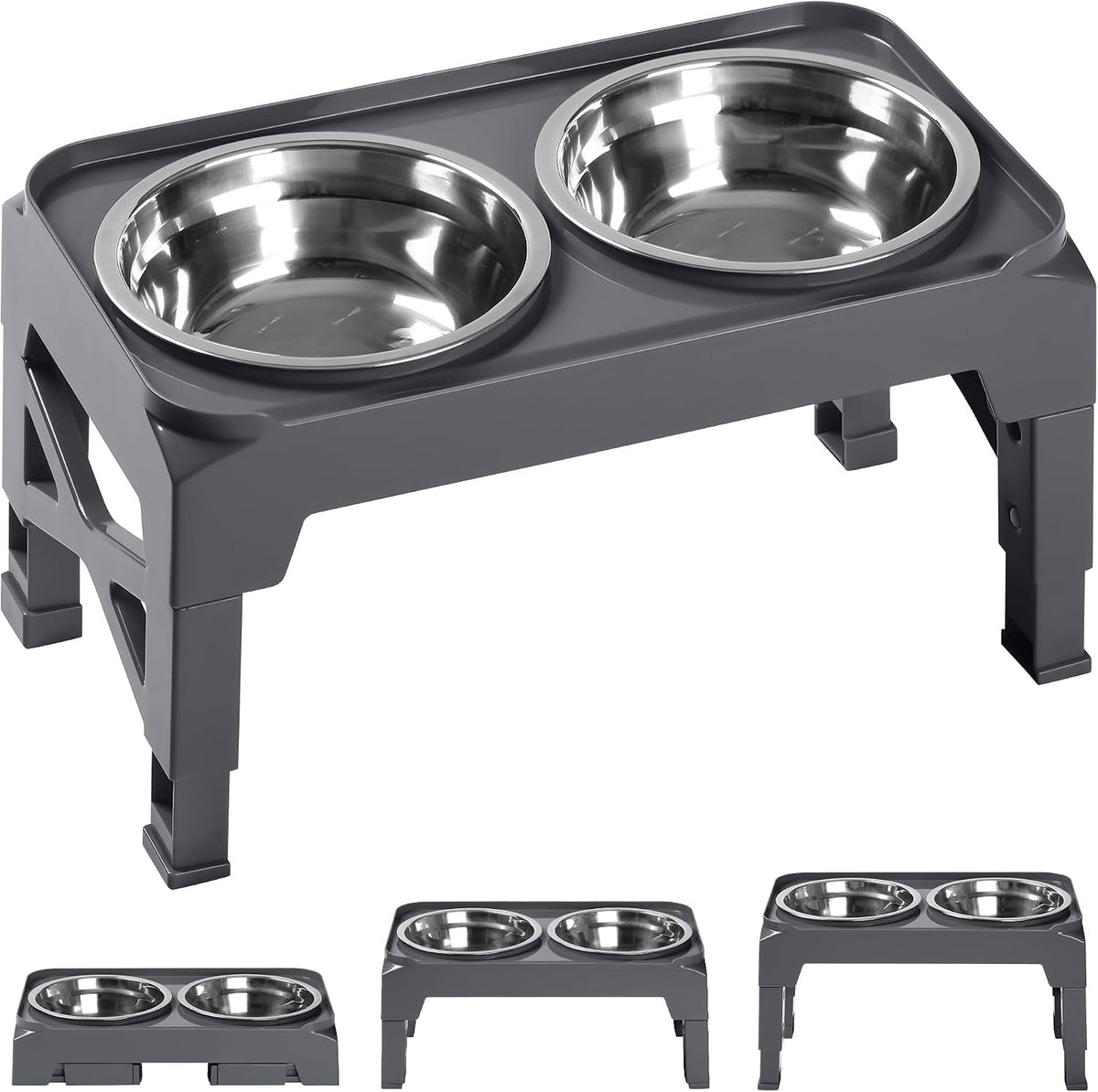 Hubulk Elevated Dog Bowls with 2 Stainless Steel Dog Food & Water - S (6" for Small Dogs) / Grey