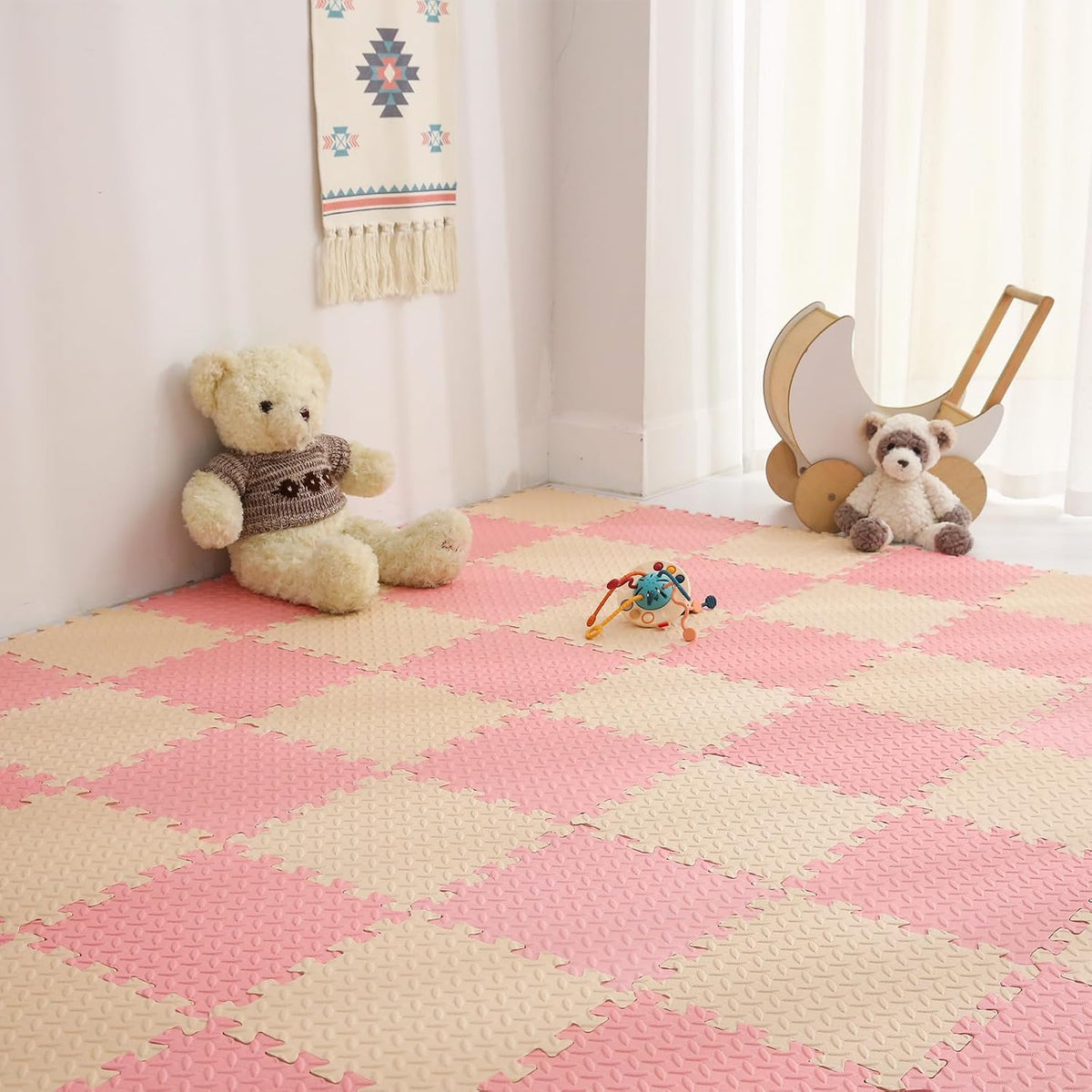 Foam Play Mat for Baby, Soft Non-Toxic Baby Playmat - Beige/Loli Pink / 16 Pcs/47.2*47.2