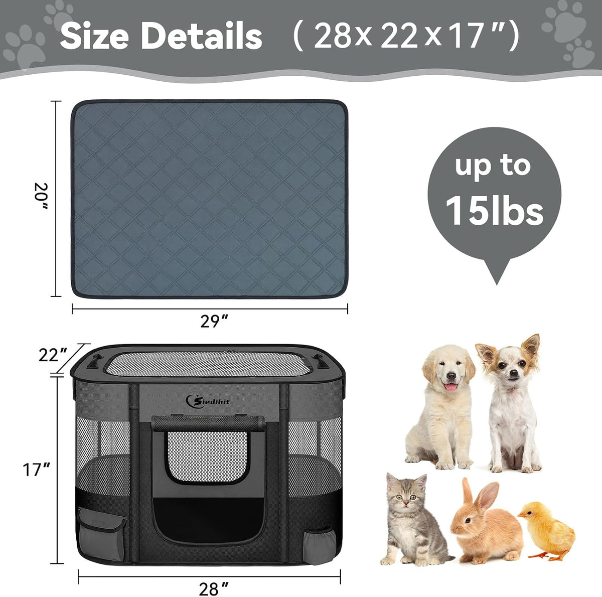 Siedihit 31" Dog Playpen, Cat Puppy Pen - Small / Dark Grey with Pad - image 4