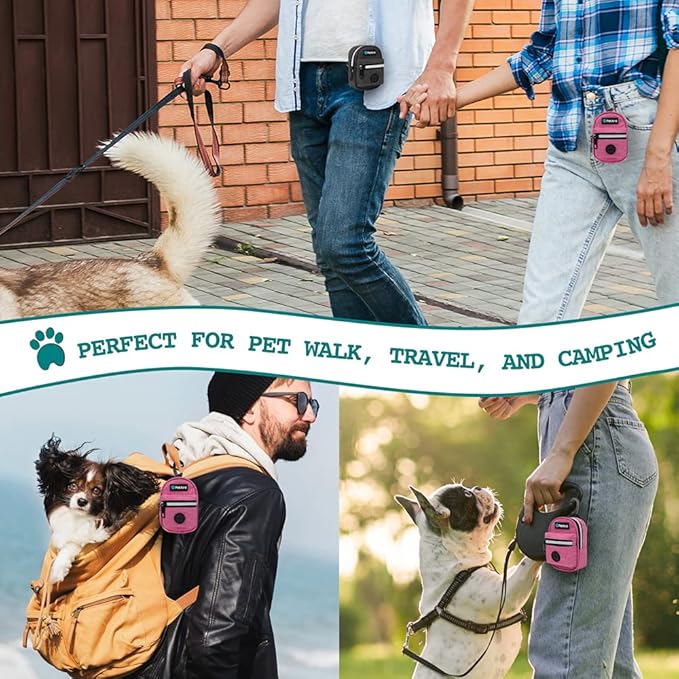 PetAmi Dog Poop Bag Holder For Leash, Dog Pet Waste Bag Dispenser For Poop With Clip For Doggie Puppy Walking Accessories Travel Camping, Dog Treat Pouch Supplies Must Have With Doggy Bag Roll, Pink
