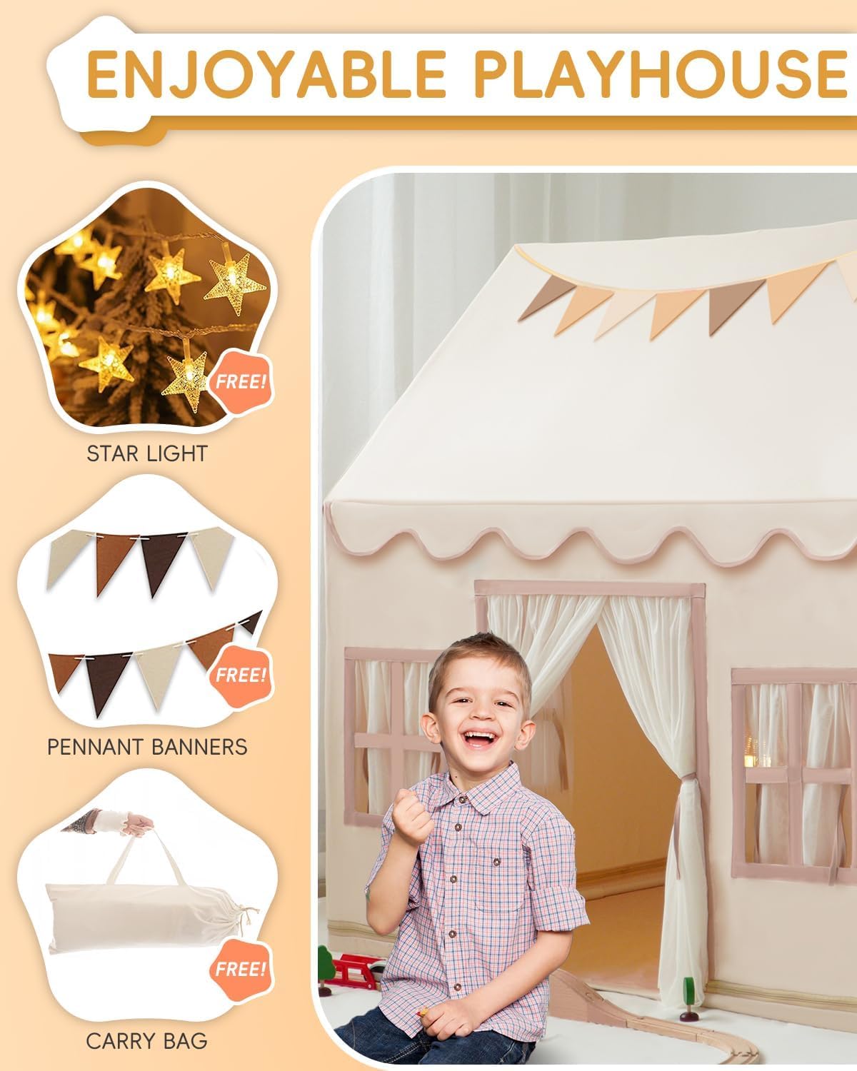 Large Kids Tent Playhouse Base Fabric with Star Lights - Cream - image 2