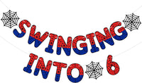 TaoBary Spider Theme 4th Birthday Banner Swinging into 4 - Red and Blue / 6th