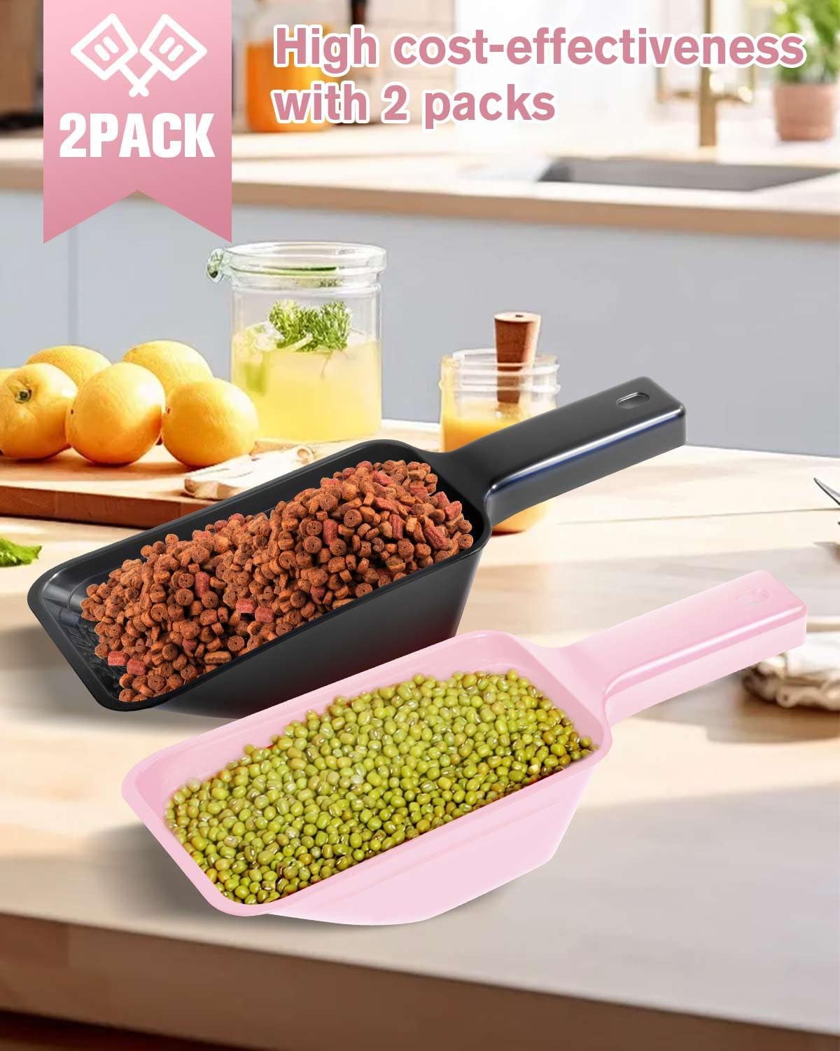 2 Cup Dog Food Scoop, Plastic Pet Food Scoop with Measuring Lines for Accurate Pet Food - Black and Pink - image 2