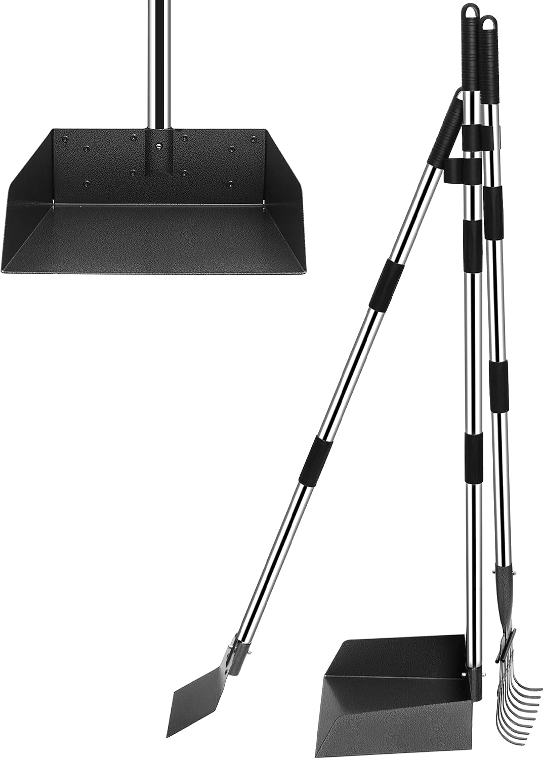 Pooper Scooper for Dogs, Metal Poop Scooper Tray and Rake Set with Adjustable Long Handle, Dog - Silver & Black