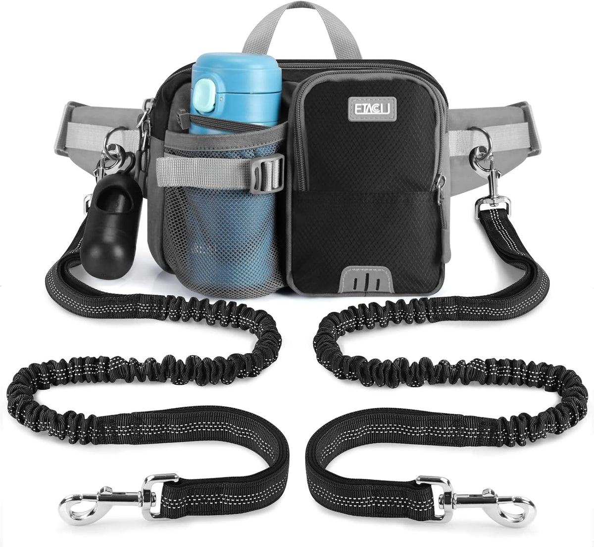 ETACCU Hands Free Dog Leash with Phone Pouch - 2 Dog Blue-black