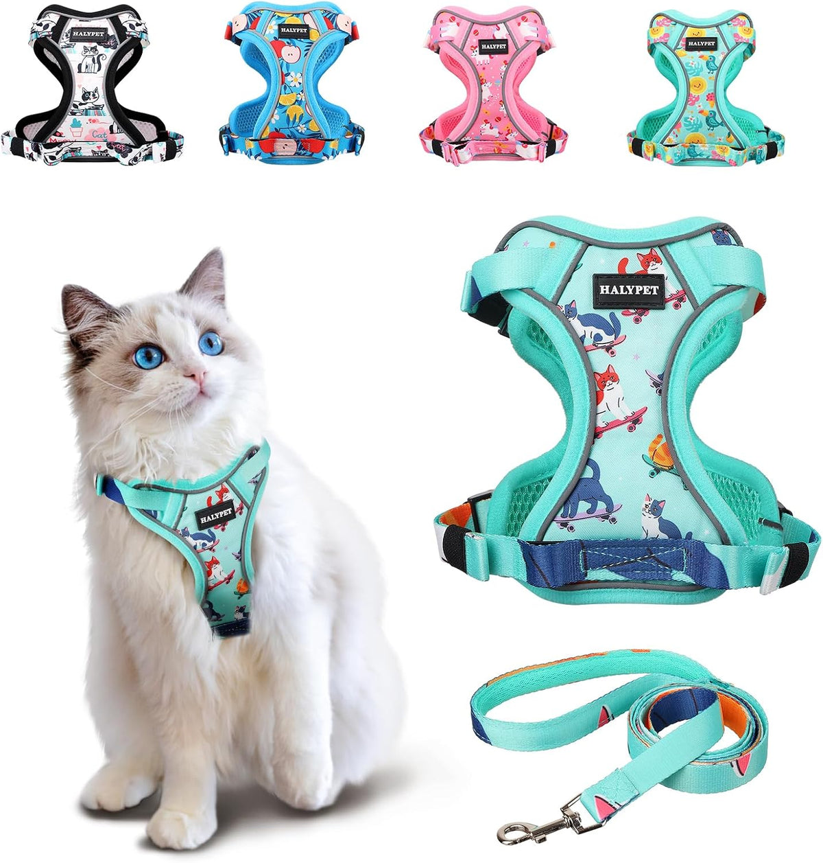 Cat Harness and Leash Set[MAX Safety 4th-Gen] Cute Escape Proof Vest - H603 Pro Purrfect Green / Small (7-12lb)