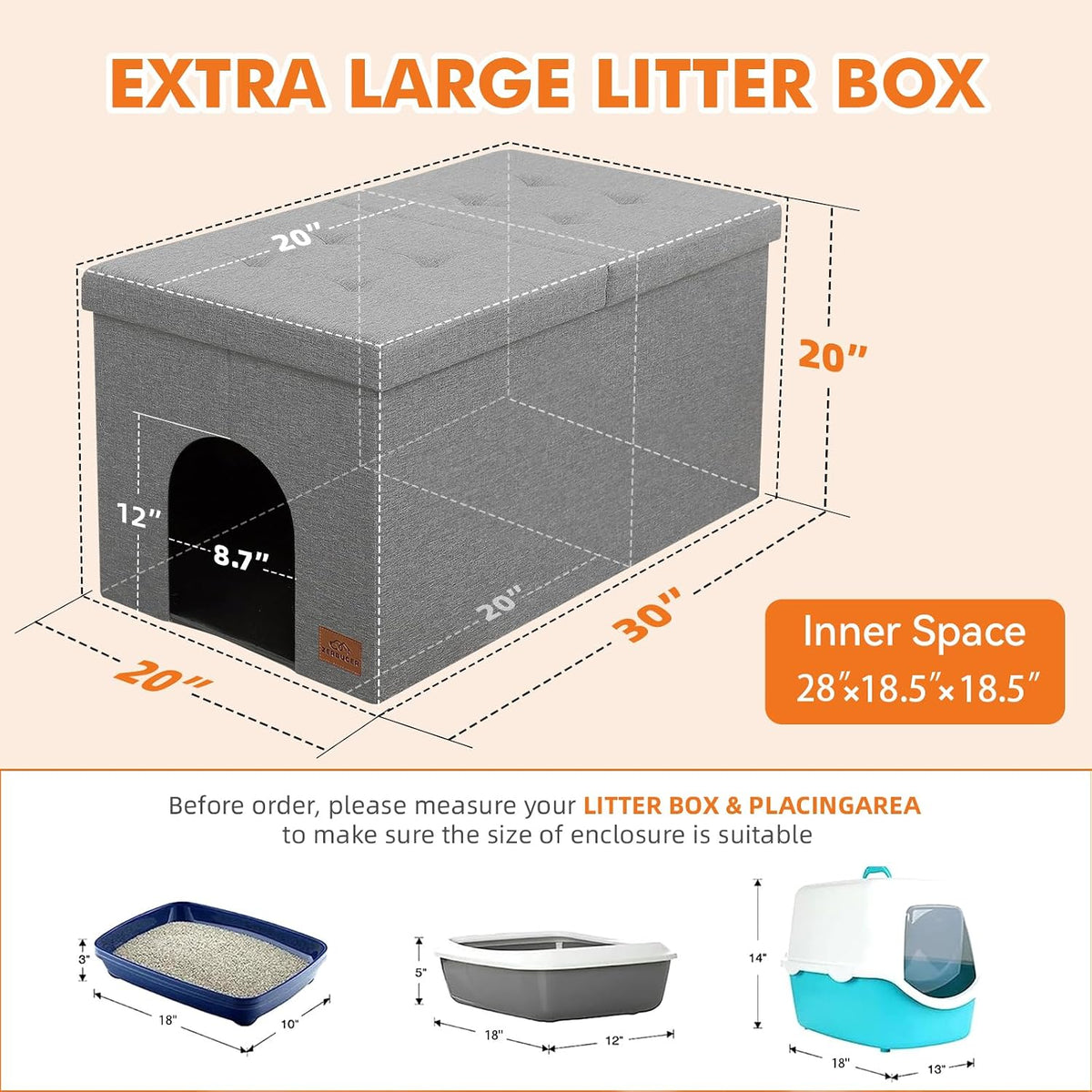 Zerbuger Cat Litter Box Enclosure Furniture for Odor Control – Essentials for Cats - Light Grey / X-Large - image 2