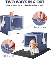 Cat Litter Box with X-Large Litter Mat and Scoop, Large Foldable Litter Box with Lid, Enclosed Kitty Box,Front Top Entry Exit, Odor Control Easy to Clean (Upgrade Midnight)