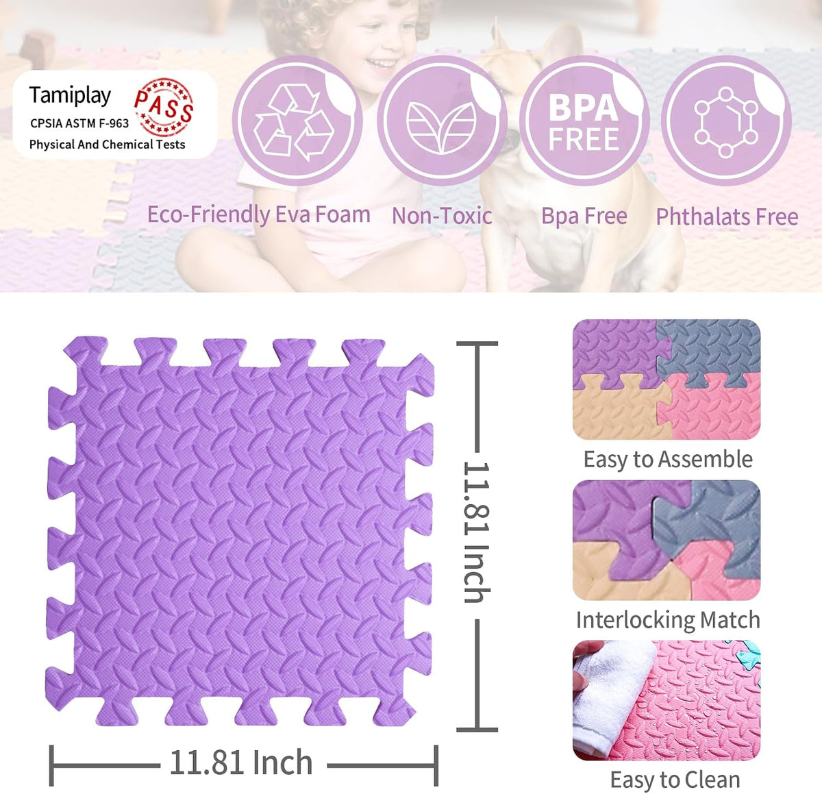 Foam Play Mat for Baby, Soft Non-Toxic Baby Playmat - Beige/Pink/Purple/Gray Blue / 16 Pcs/47.2*47.2 - image 4