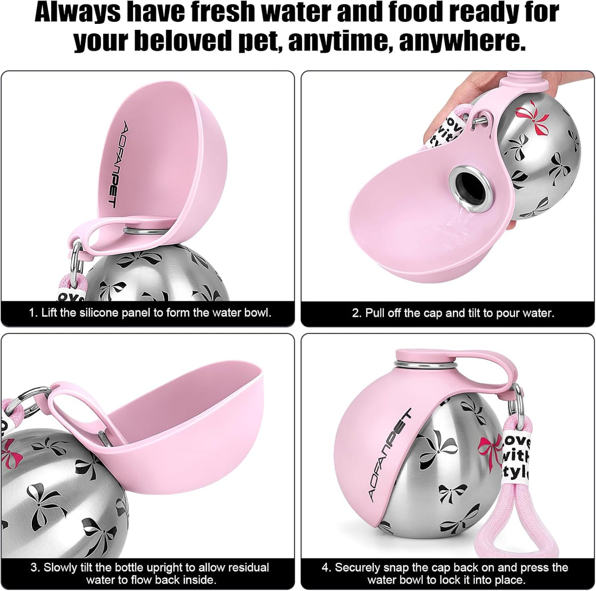 Portable Dog Water Bottle - Pink Bow Print - image 3