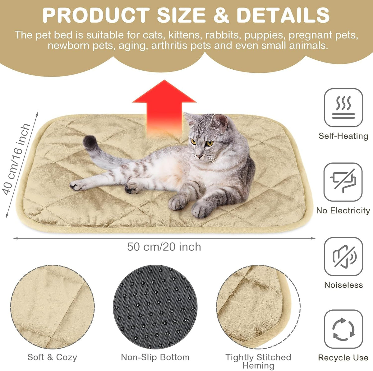 2 Pack Self Warming Cat Bed Thermal Pet Mat - 16 x 20 inches / Beige - image 2