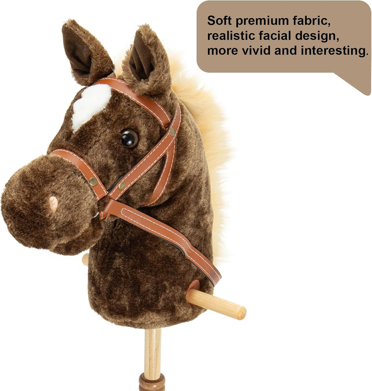 Morytale stick hobby horse, light brown plush pony with reins and wooden wheels - view 8