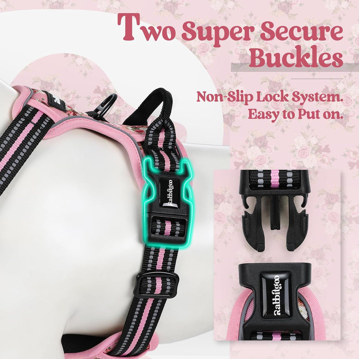 rabbitgoo Dog Harness, No Pull for Large Dogs with 2 Leash Clips - X-Large / Pink Rose - image 3