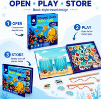 Travofun magnetic fishing game book open with ocean animal pieces and two wooden fishing rods - view 19