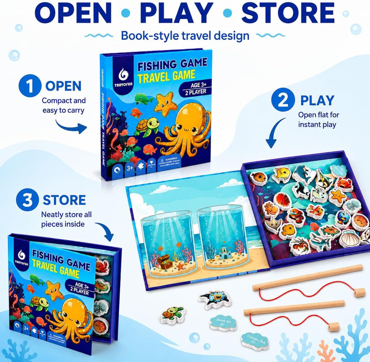 Travofun magnetic fishing game book open with ocean animal pieces and two wooden fishing rods - view 19