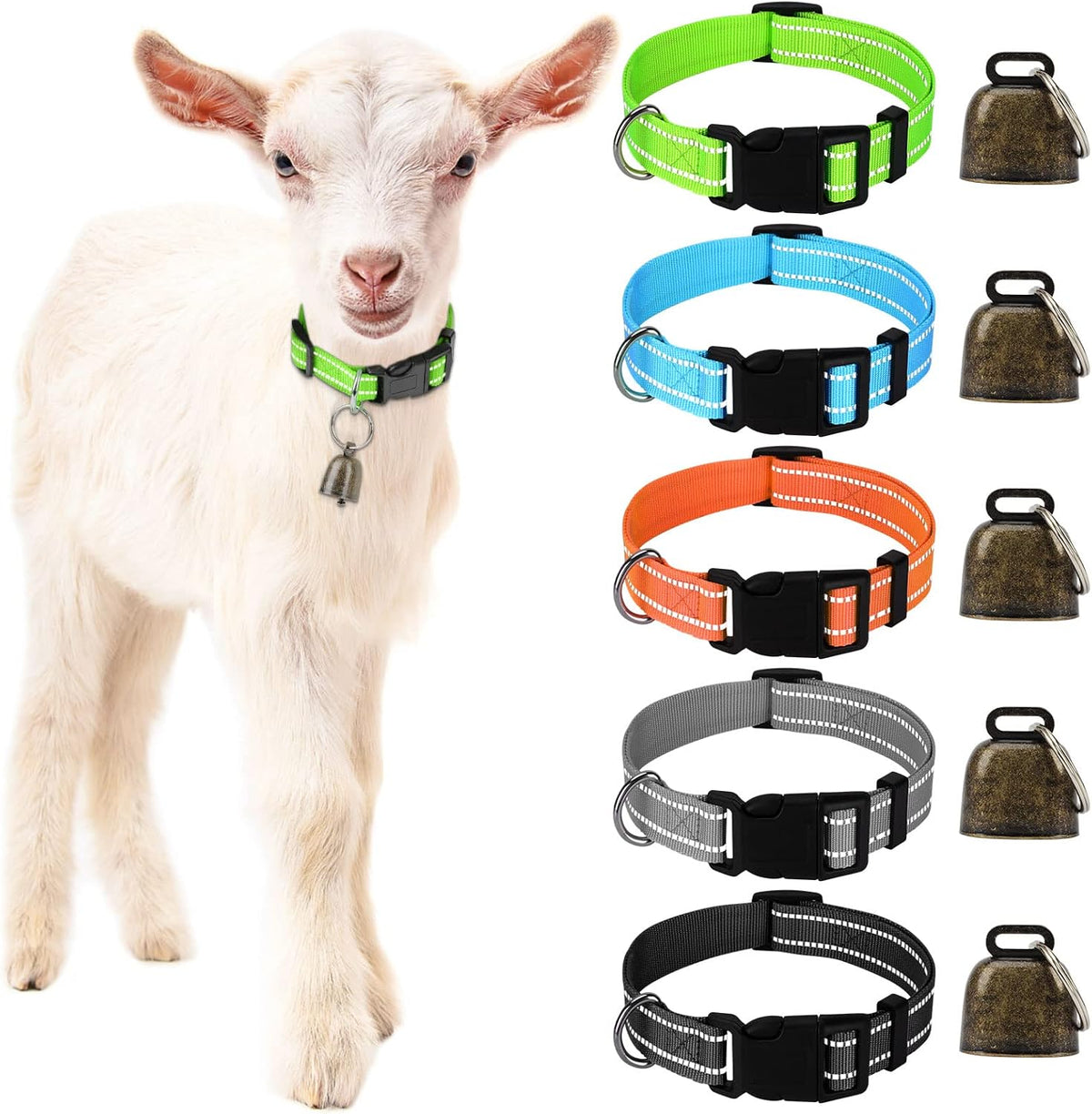 5 Pack Reflective Goat Collars with Bells, Anti-Lost Pet Collar - Reflective Multi-colored