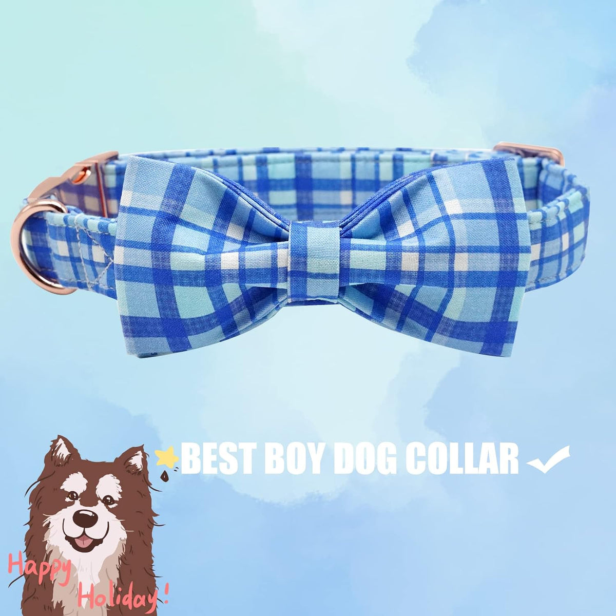 Dog Collar with Bow, Elegant Little Tail Blue Plaid Boy Dog Collar Cute Bow – Essentials for Dogs - Blue Plaid / Medium (Pack of 1) - image 3