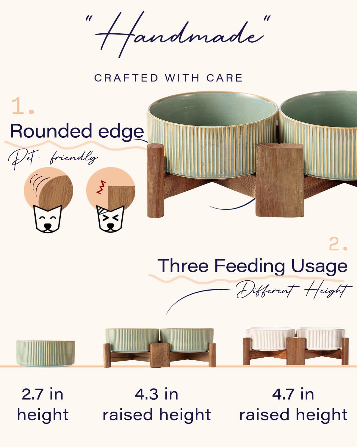 Ceramic Dog Bowls Set with Acacia Wood Stand - Large-3.5Cups / Vintage Grey - image 4
