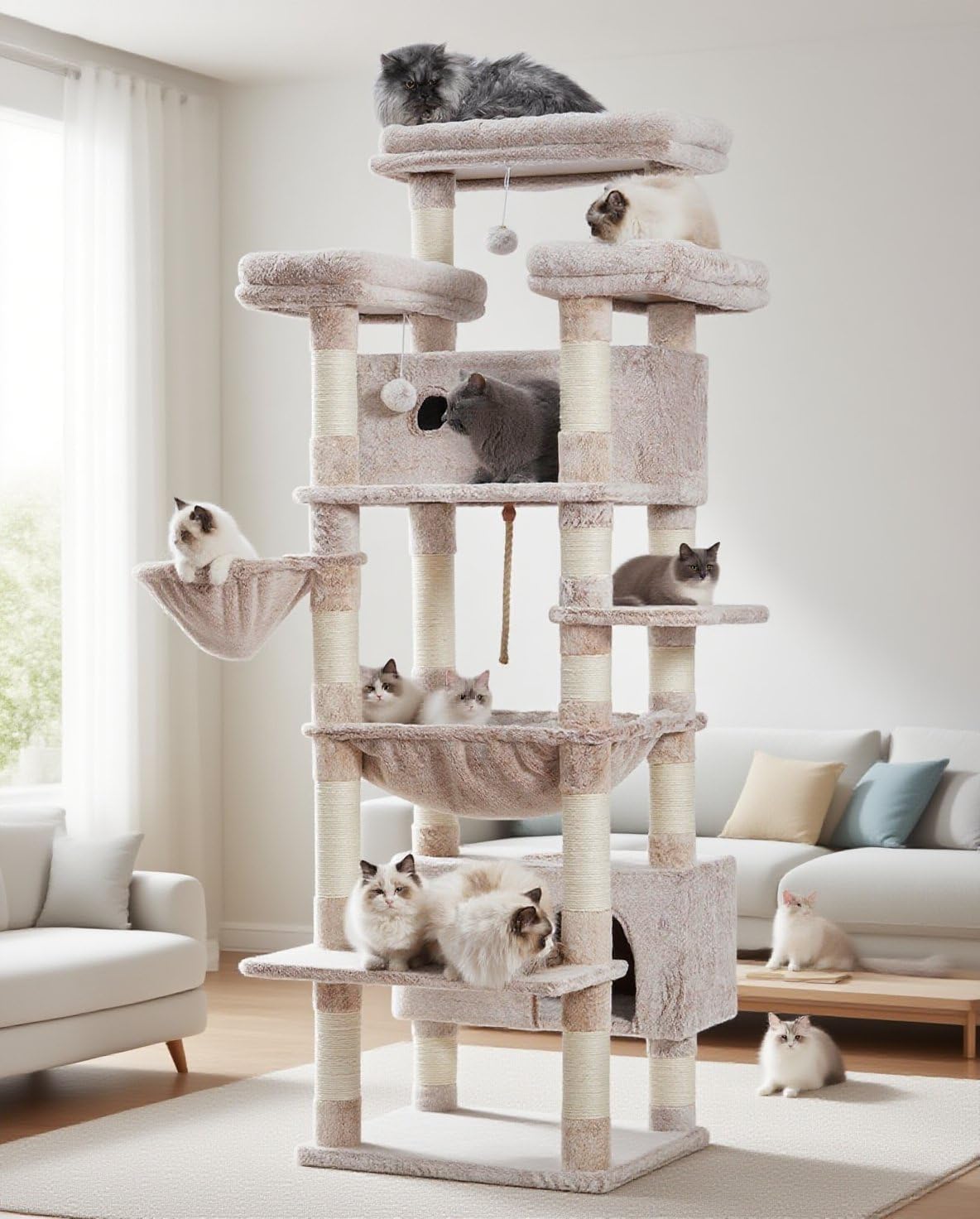 Cat Tree, 74" Tower for Large Cats, Big Condo & Hammock GCT030G – Essentials for Cats - 74 inch / Muchroom