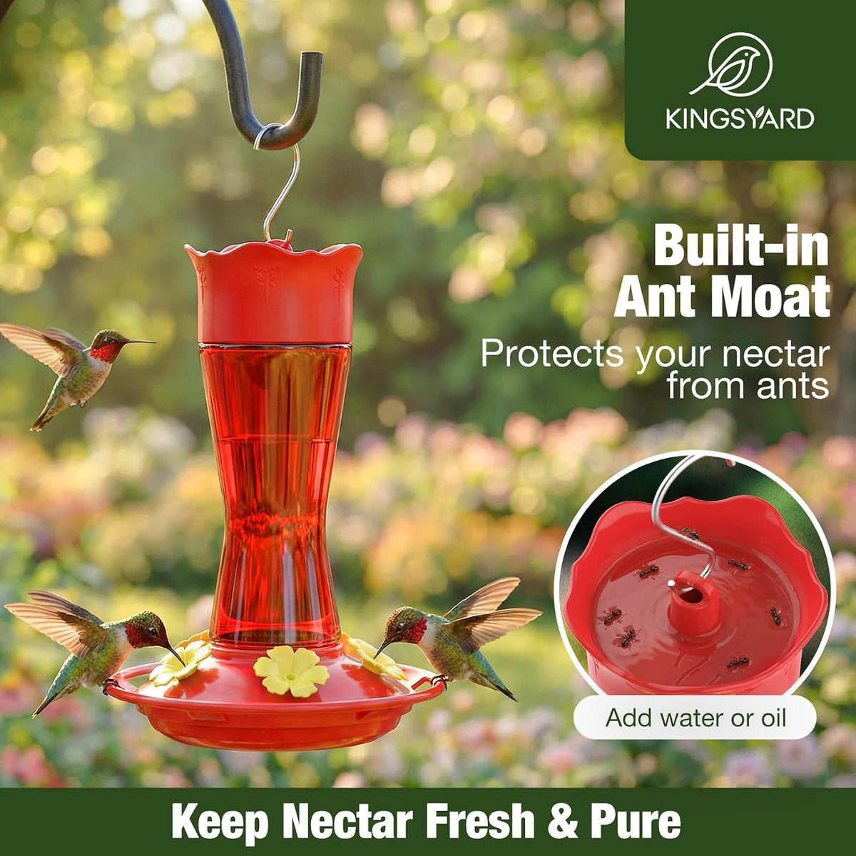 Kingsyard 2-Pack Glass Hummingbird Feeder for Outdoors Hanging - Red / 1-Pack Feeder - image 3