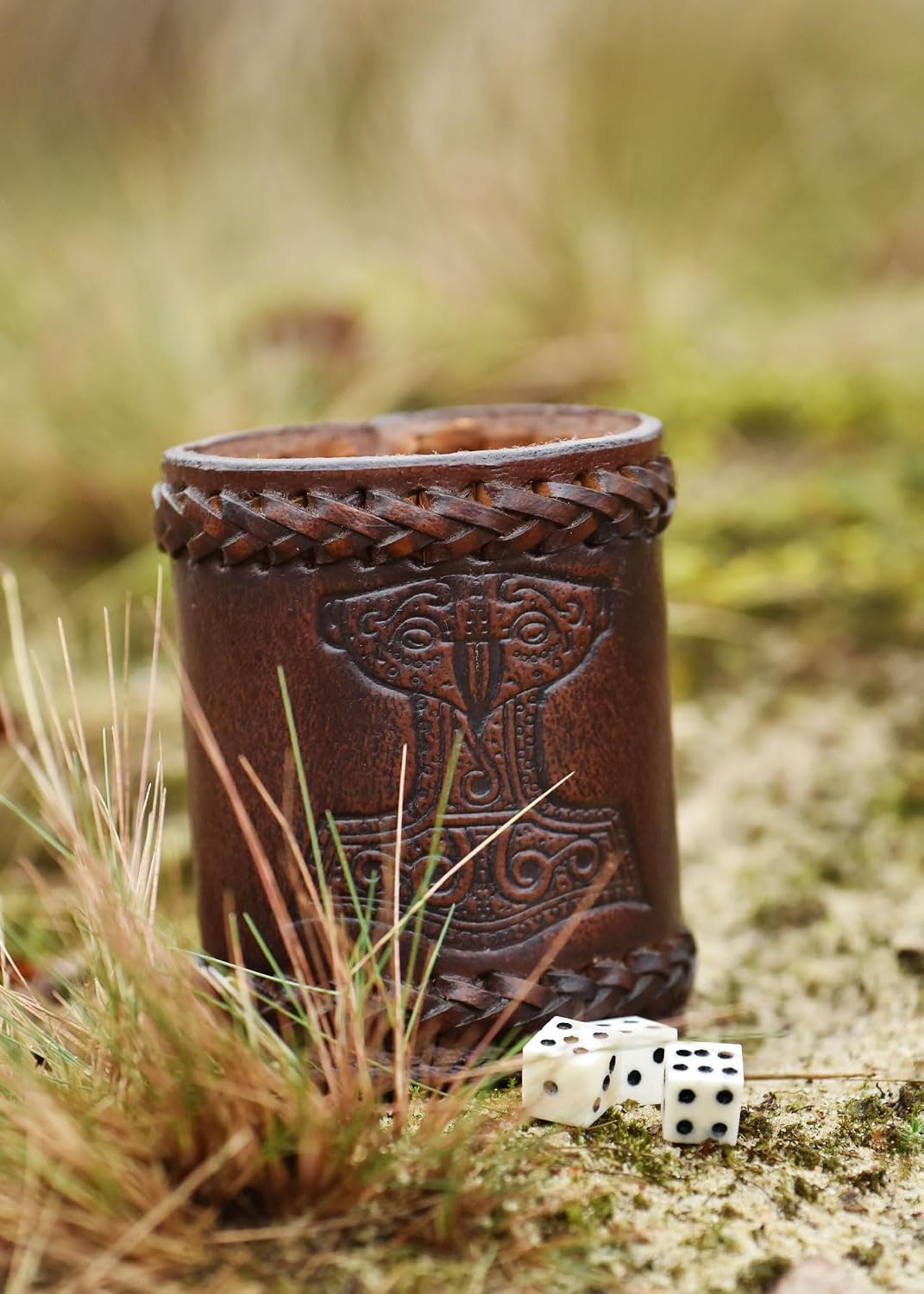 Ulfberth, Viking dice Cup with Embossed Motif, Genuine Leather - Thor's Hammer, Brown - image 3