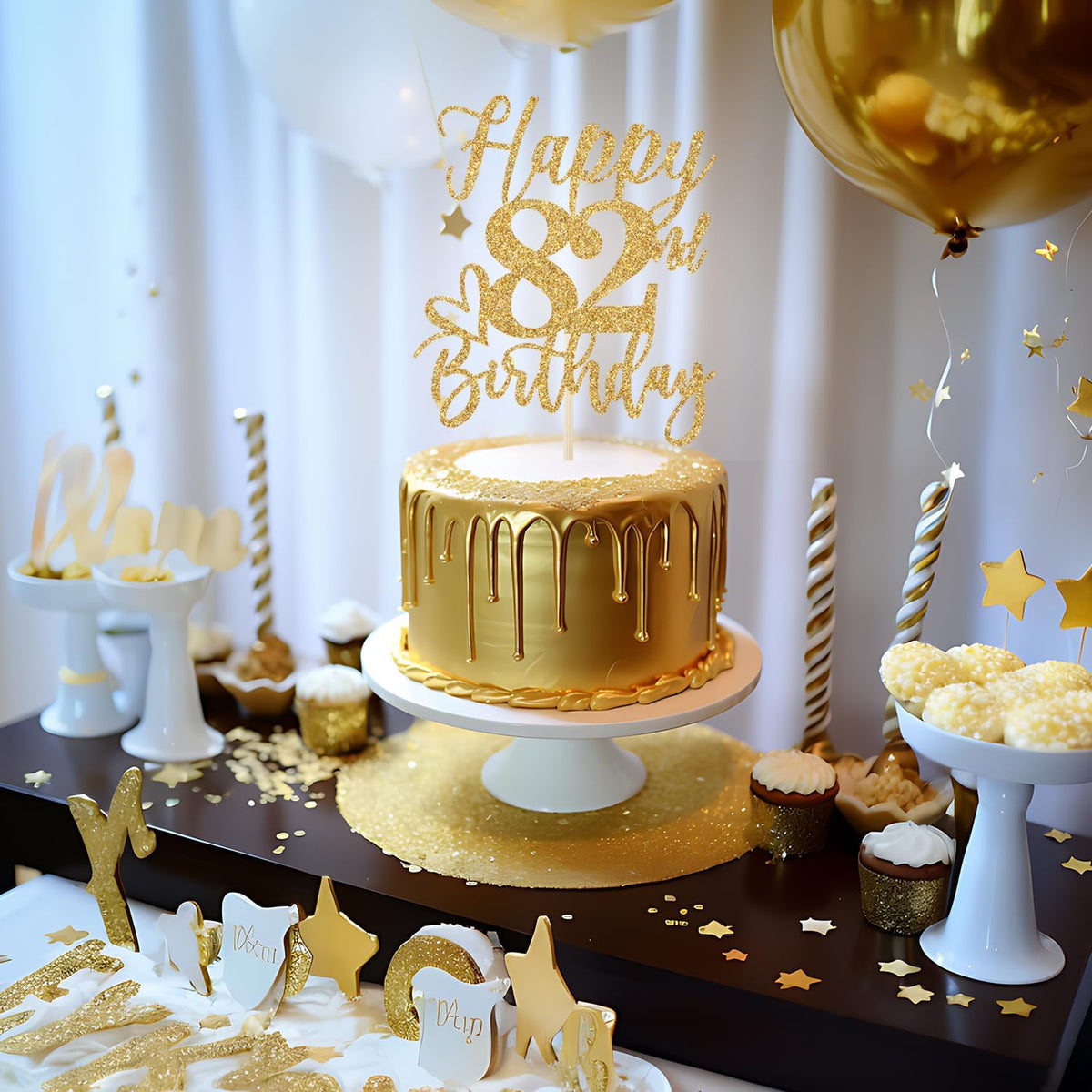 Happy 83rd Birthday Cake Topper - happy 82nd birthday / Gold Glitter - image 3
