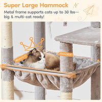 Taoqimiao 71 Inches Cat Tree for Indoor Cats Large Adult, Multi-Level Tall Cat Tower, 2 Cat Condo with 6 Scratching Posts, Super Large Hammcock, Cat Toys, Cozy Basket, Light Gray, MS037W