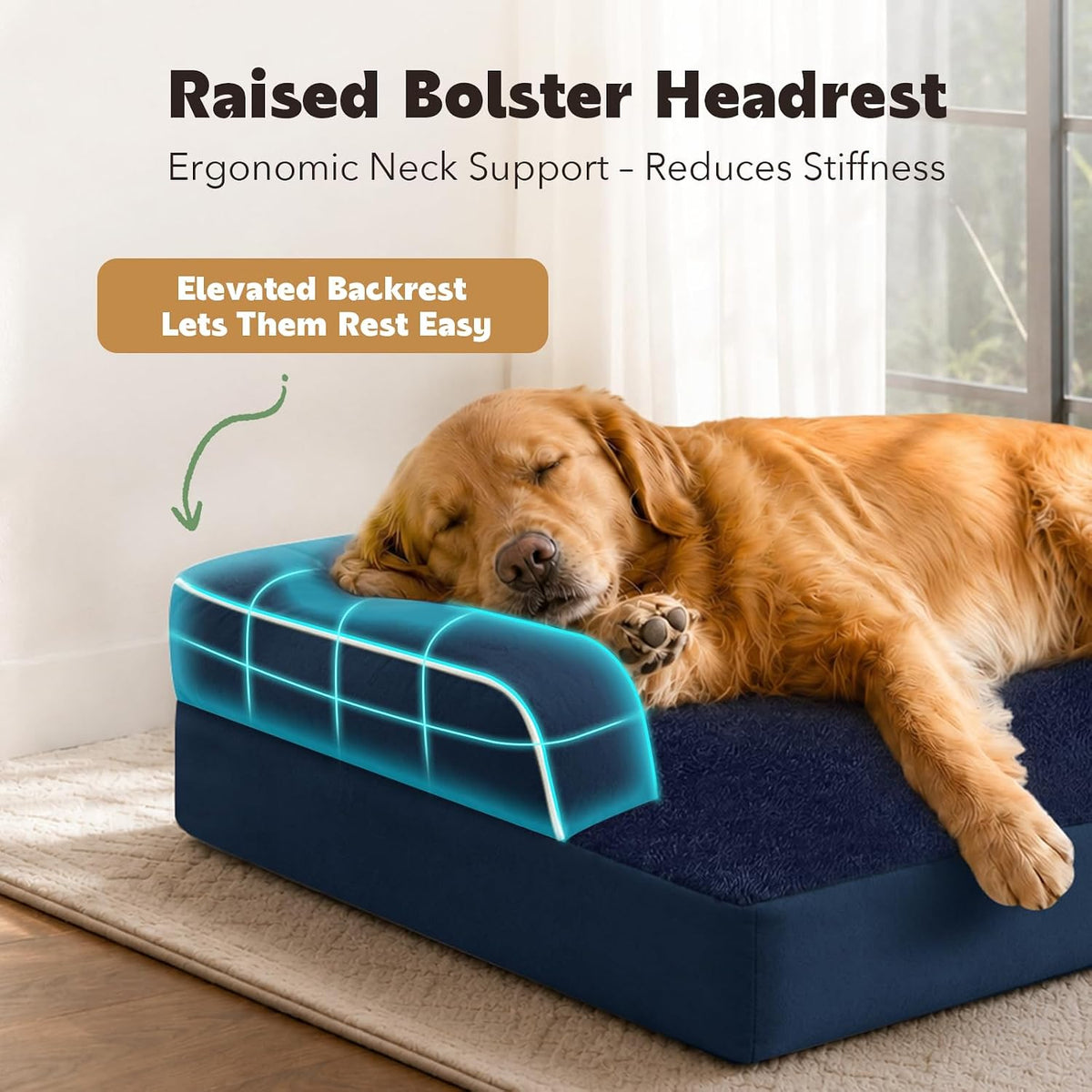 Orthopedic Washable Dog Bed with Bolster for Medium to Large Dogs – Essentials for Dogs - 36.0"L x 27.0"W x 7.0"Th / Navy Blue - image 2